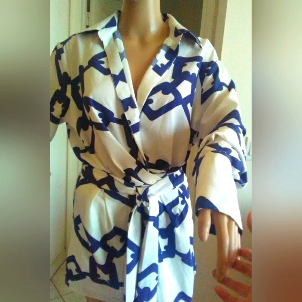 Luxxel Blue and White Wrap Jumpsuit